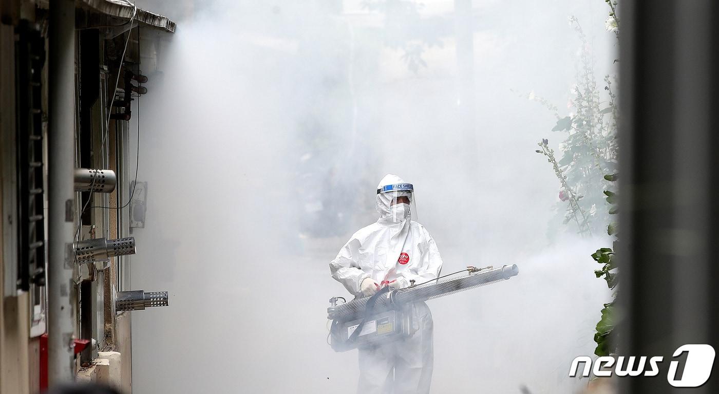 서울 은평구 갈현로 인근 주택가에서 구청 관계자들이 사랑벌레 관련 긴급 방역에 나서고 있다. 2022.7.4/뉴스1 ⓒ News1 임세영 기자