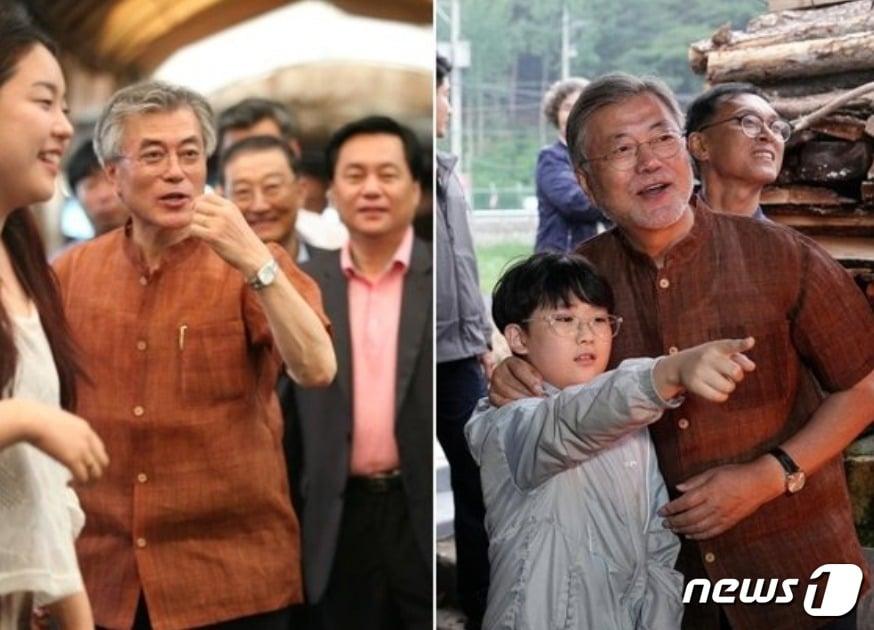 본문 이미지 - '갈옷'을 입고 있는 문재인 전 대통령. (문다혜씨 트위터 갈무리) ⓒ 뉴스1