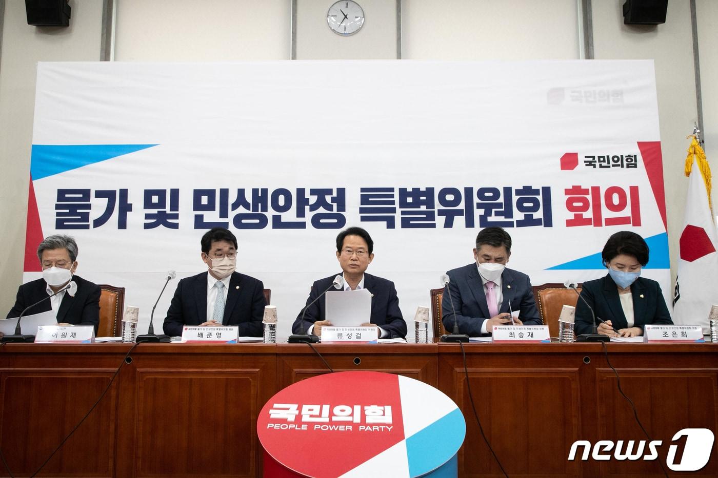 본문 이미지 - 류성걸 국민의힘 물가 및 민생안정 특별위원회 위원장(가운데)이 5일 오전 서울 여의도 국회에서 열린 물가 및 민생안정 특별위원회 제6차 회의에서 발언을 하고 있다. (공동취재) 2022.7.5/뉴스1 ⓒ News1 허경 기자