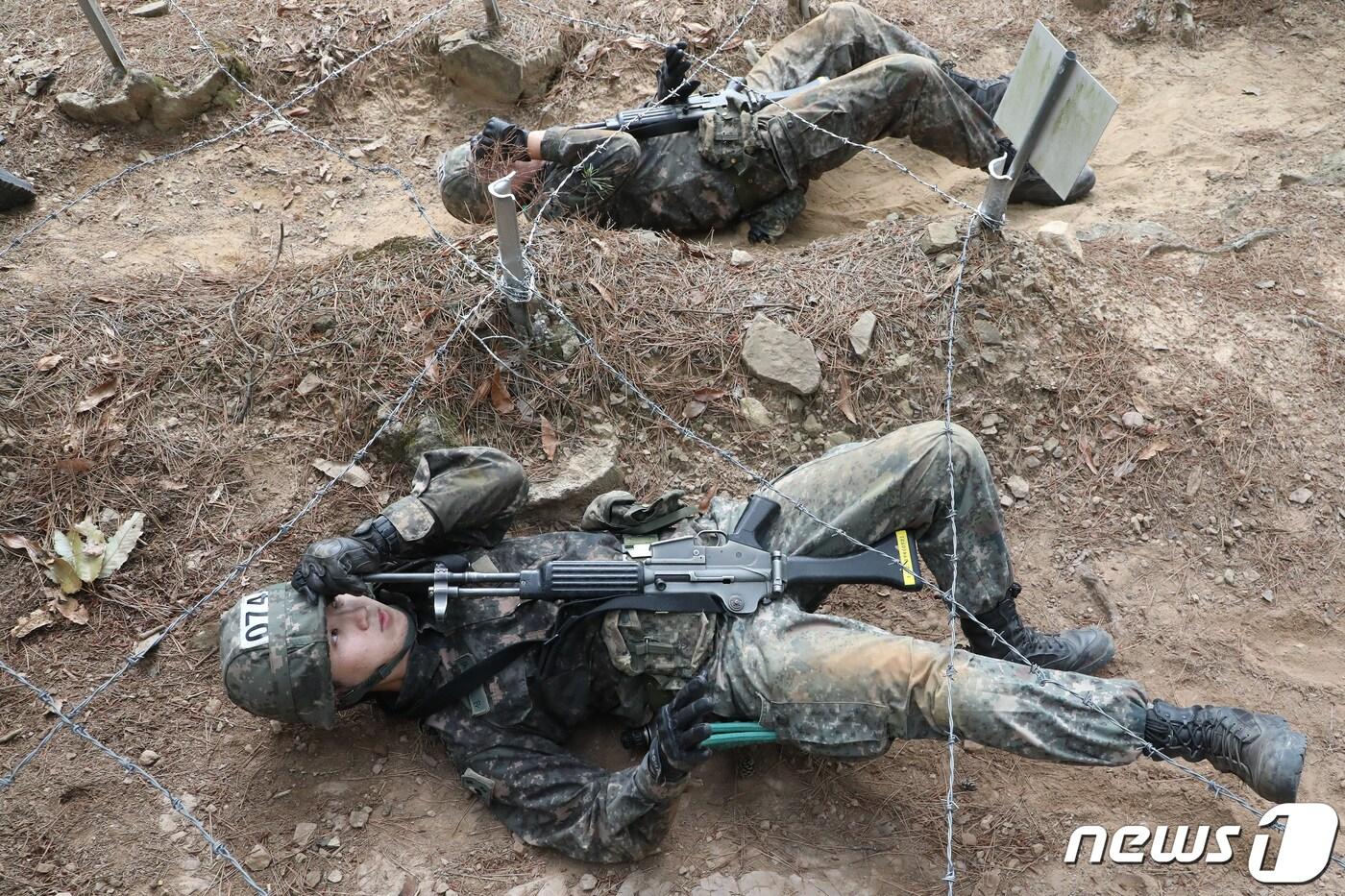 본문 이미지 - 대구 육군 50사단 신병교육대대 각개전투 교장에서 각개전투 훈련에 투입된 훈련병들이 철조망을 통과하고 있다. 2022.7.6/뉴스1 ⓒ News1 공정식 기자