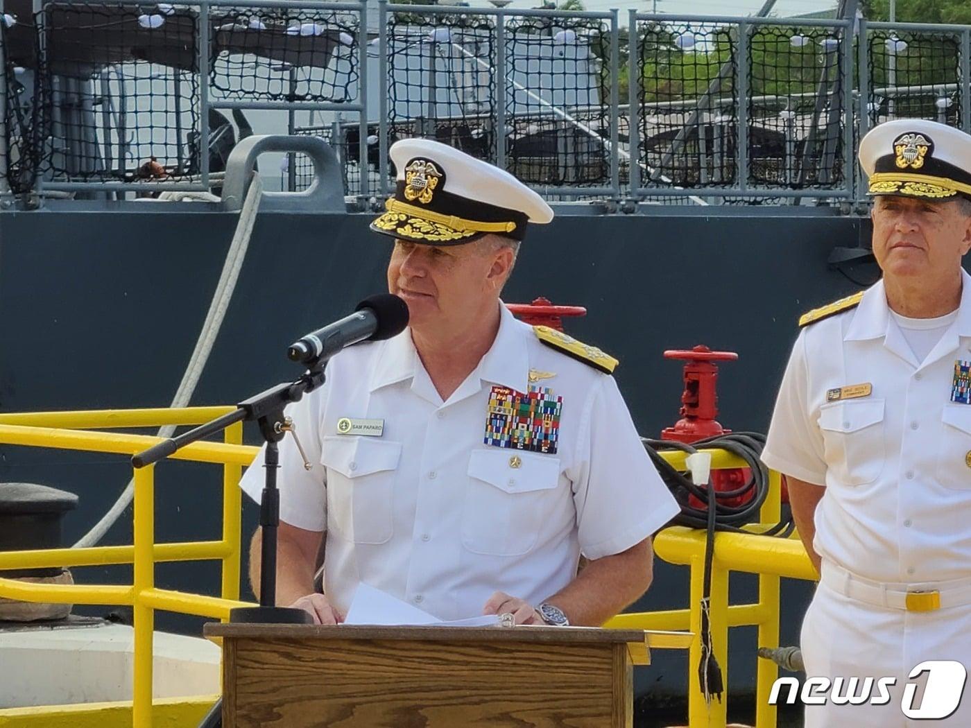 본문 이미지 - 사무엘 파파로 미국 태평양함대사령관이 8일(현지시간) 미국 하와이 진주만에서 열린 림팩 미디어데이에서 발언하고 있다.ⓒ 뉴스1