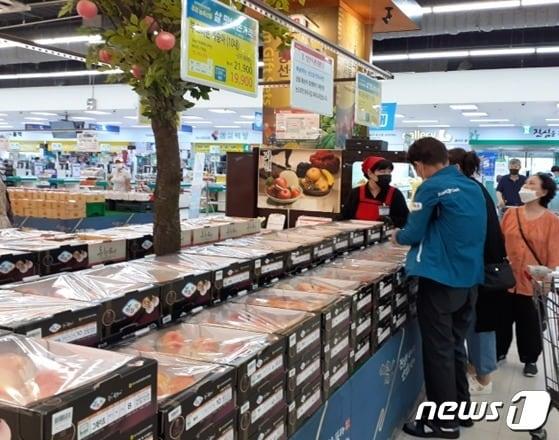 본문 이미지 - 11일 충북 충주시는 수도권 농협유통 7곳에서 하늘작 복숭아 판촉행사를 연다고 밝혔다. 사진은 판매 모습.(충주시 제공)2022.8.11/ⓒ 뉴스1