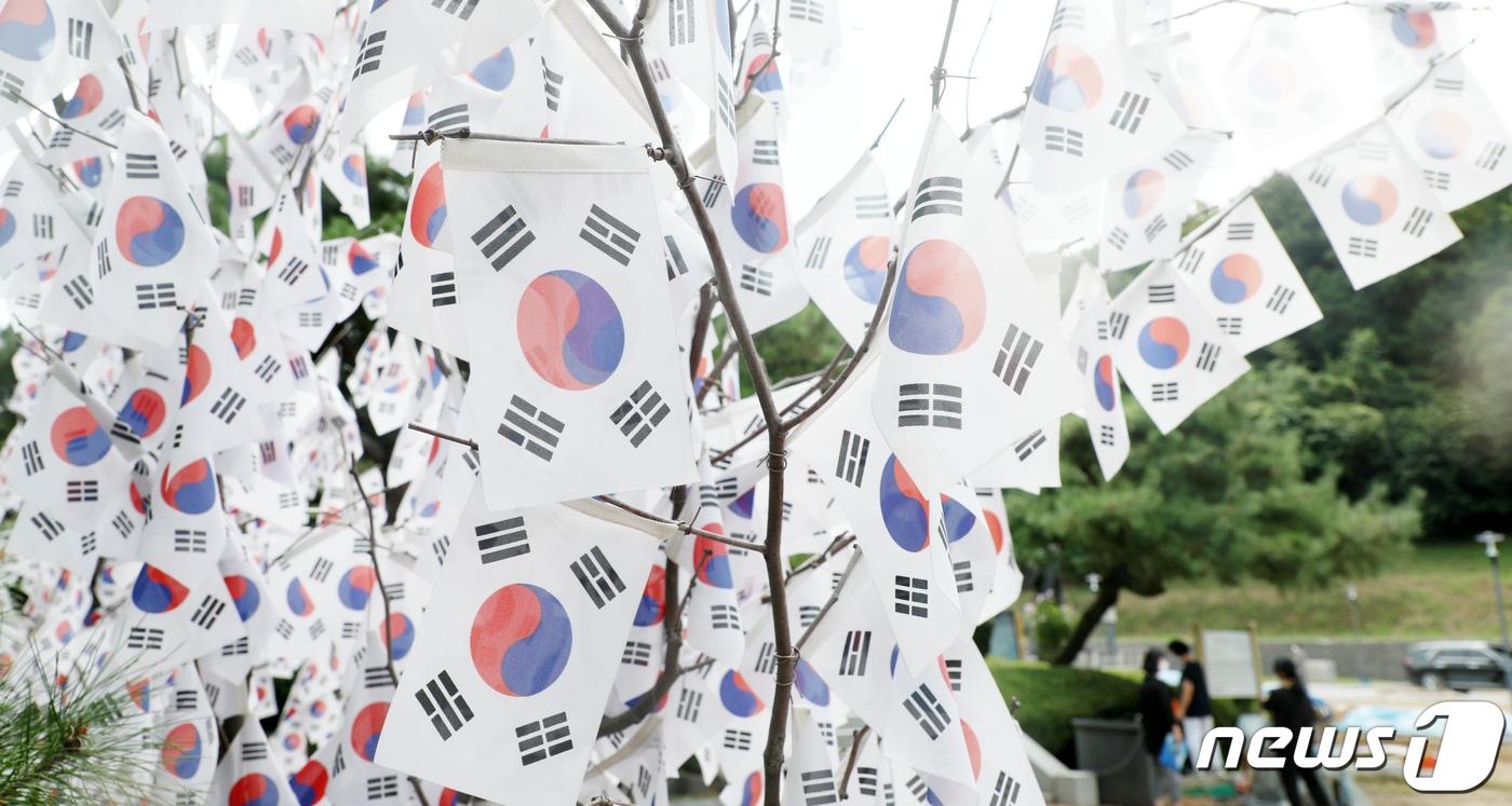 본문 이미지 - 제77주년 광복절을 맞은 15일 전북 전주시 전북독립운동추념탑에서 나무에 걸린 태극기들이 펄럭이고 있다. 2022.8.15/뉴스1 ⓒ News1 유경석 기자