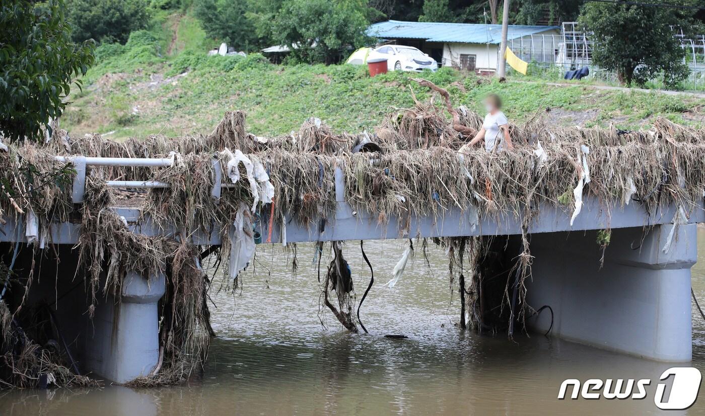 16일 충남 부여 은산면 나령리 은산천 다리에 부유물로 가득 차 있다. 2022.8.16/뉴스1 ⓒ News1 김기태 기자