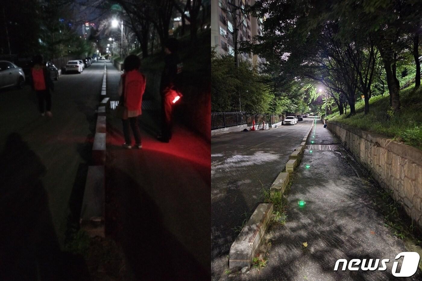 본문 이미지 - 충북 청주시 흥덕구 비하동 대주피오레아파트 인근 안심귀갓길 도로표지병 설치 전(왼쪽)과 후 모습.(청주시 제공).2022.8.18/
