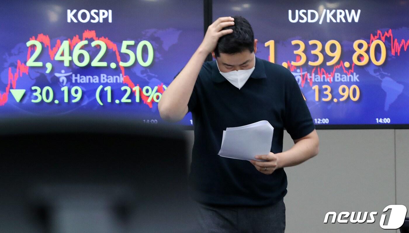 22일 서울 중구 하나은행 명동점 딜링룸 전광판에 원·달러 환율이 전 거래일보다 13.9원 오른 1,339.80을 코스피 지수가 30.19포인트(1.21%) 내린 2,462.50을 나타내고 있다. /뉴스1 ⓒ News1 이동해 기자