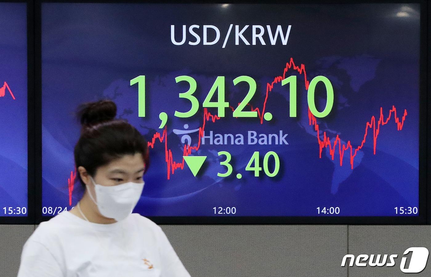 본문 이미지 - 24일 서울 중구 하나은행 딜링룸 전광판에 달러·원 환율이 전일 대비 3.4원 떨어진 1342.1원을 나타내고 있다. /뉴스1 ⓒ News1 박세연 기자