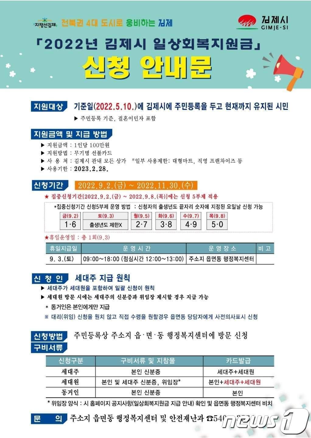 본문 이미지 - 전북 김제시가 모든 시민에게 1인당 100만원의 일상회복지원금을 지급한다. 사진은 일상회복지원금 신청 안내문(김제시 제공)