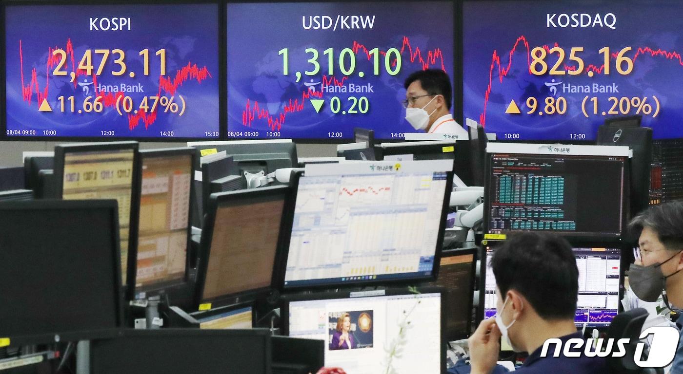 본문 이미지 - 4일 오후 서울 중구 하나은행 딜링룸 전광판. 2022.8.4/뉴스1 ⓒ News1 민경석 기자