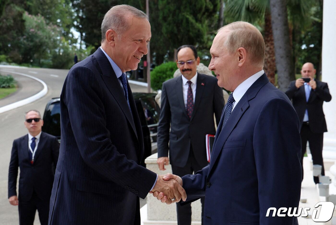 본문 이미지 - 8월5일(현지시간) 블라디미르 푸틴 러시아 대통령과 레제프 타이이프 에르도안 튀르키예(터키) 대통령이 러시아 소치에서 정상회담을 했다. 22.08.05 ⓒ 로이터=뉴스1 ⓒ News1 김예슬 기자