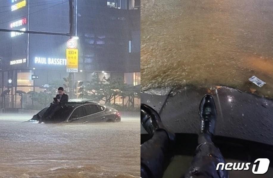 본문 이미지 - 침수된 강남역에서 차량 위에 올라간 시민. (트위터 갈무리) ⓒ 뉴스1