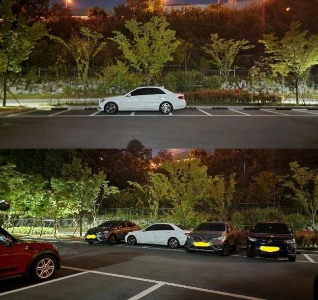 본문 이미지 - 하얀색 벤츠가 상습적으로 민폐 주차를 하자 주민들이 차가 빠져나오지 못하도록 양쪽으로 바짝 붙어 주차를 했다. ('보배드림' 갈무리)