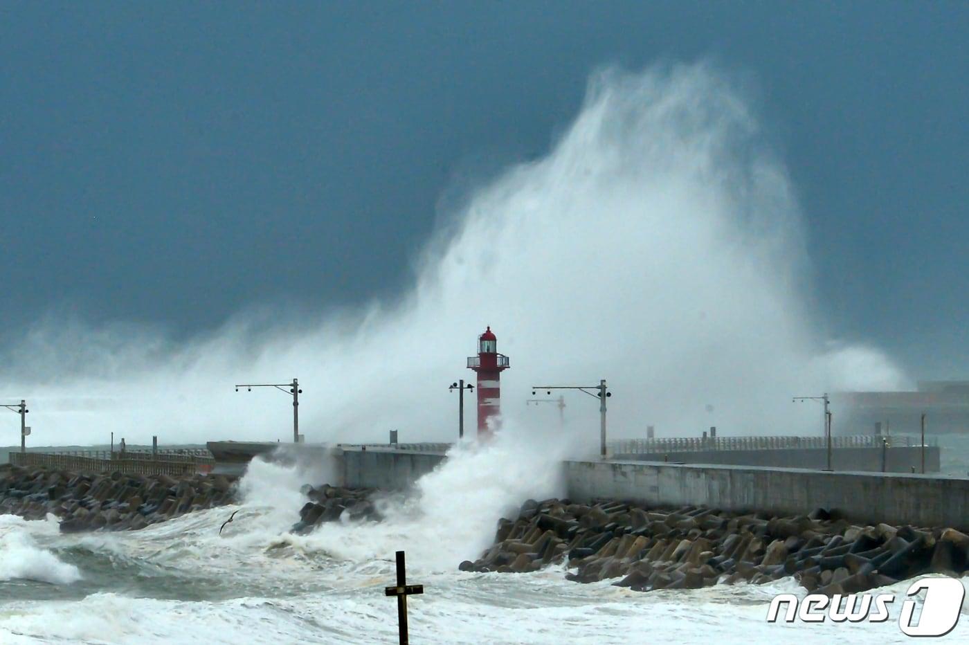 본문 이미지 - 제14호 태풍 '난마돌'이 북상한 19일 오전 경북 포항시 북구 해안에 너울성 파도가 방파제를 넘고 있다.2022.9.19/뉴스1 ⓒ News1 최창호 기자