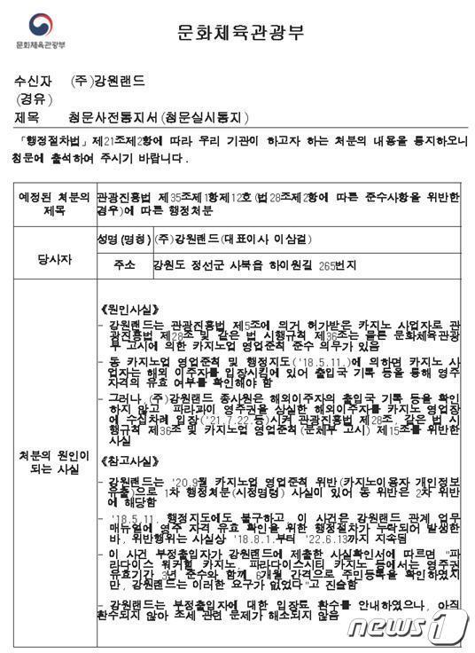 본문 이미지 - 구자근 의원실이 제공한 문화체육관광부 청문사전통지서