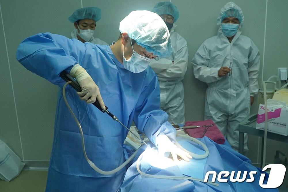본문 이미지 - 365mc가 KAIST와 공동개발한 초고효율 지방흡입 캐뉼라 효과 검증을 위한 돼지 동물실험을 지난달 31일 오송 생명과학단지에서 진행했다. 사진을 실제 지방흡입 수술을 돼지에게 실행하고 있는 365mc병원 정진묵 원장. (사진제공 365mc)