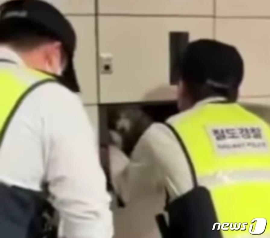 본문 이미지 - 강아지가 물품보관함에서 구조되는 장면.&#40;동물권단체 &#39;케어&#39; SNS 갈무리&#41;ⓒ 뉴스1