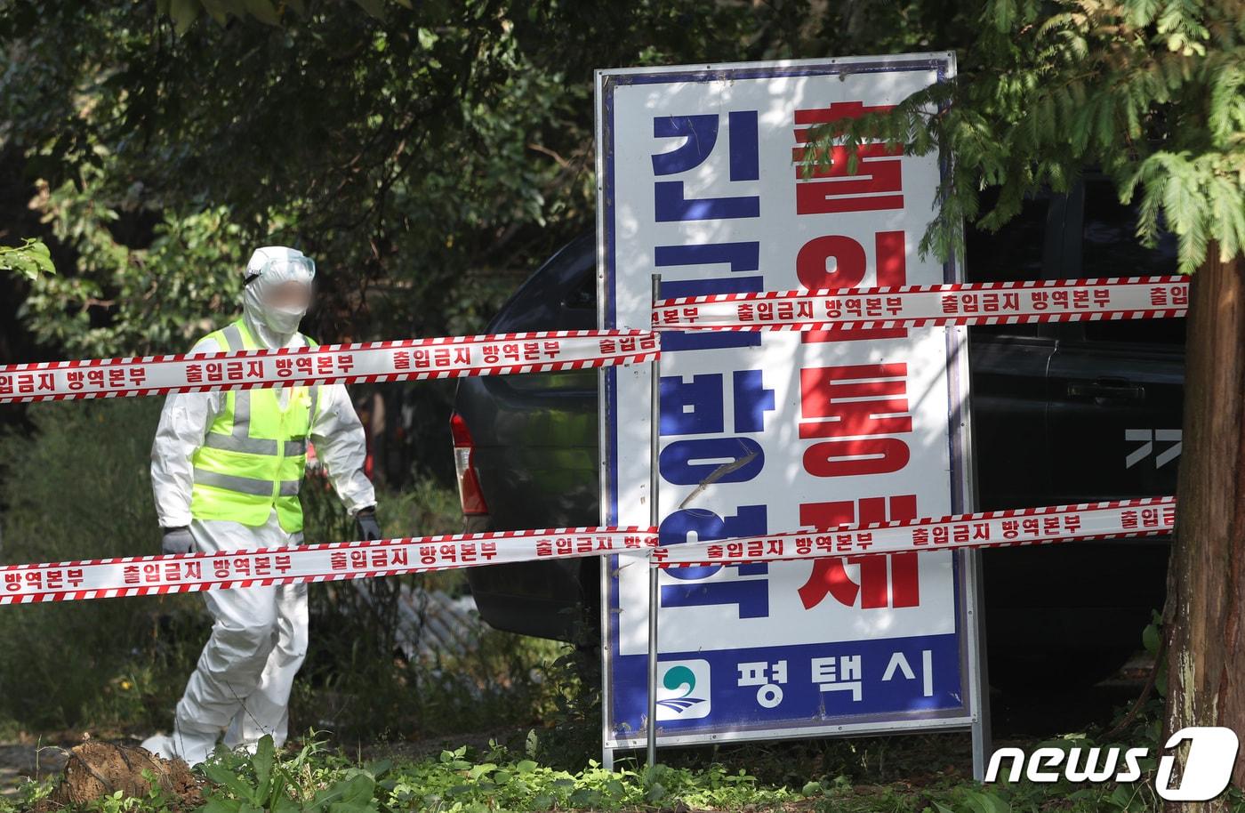 본문 이미지 - 경기 평택시의 한 양돈농장 입구에서 ASF가 발생해 방역당국 관계자가 출입을 통제하고 있다. 2022.9.29/뉴스1 ⓒ News1 김영운 기자