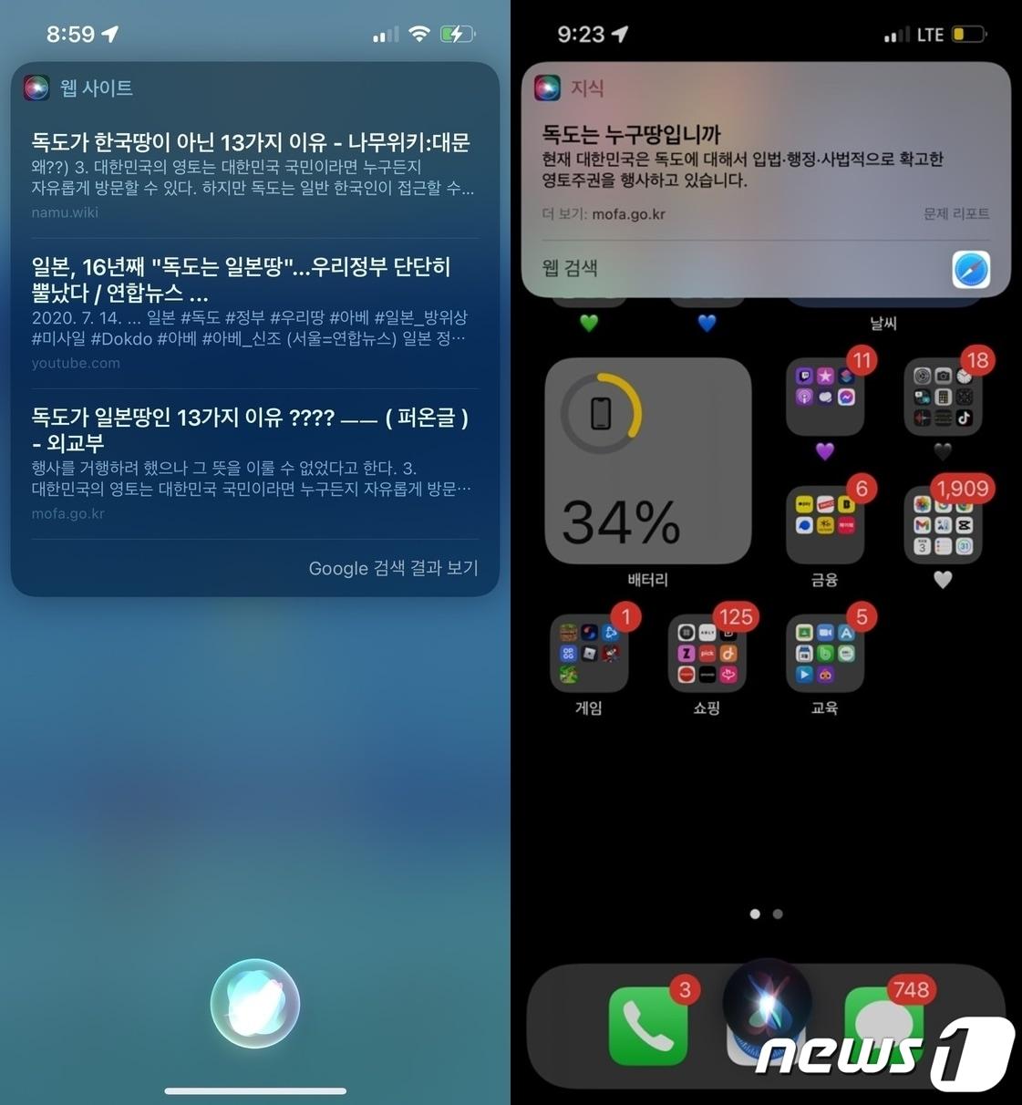 본문 이미지 - "독도는 누구 땅이냐" 물으면 왼쪽과 같이 엉뚱한 글을 안내했던 시리가 4일부터는 독도에 대한 올바른 정보를 안내하고 있다. (반크 제공)