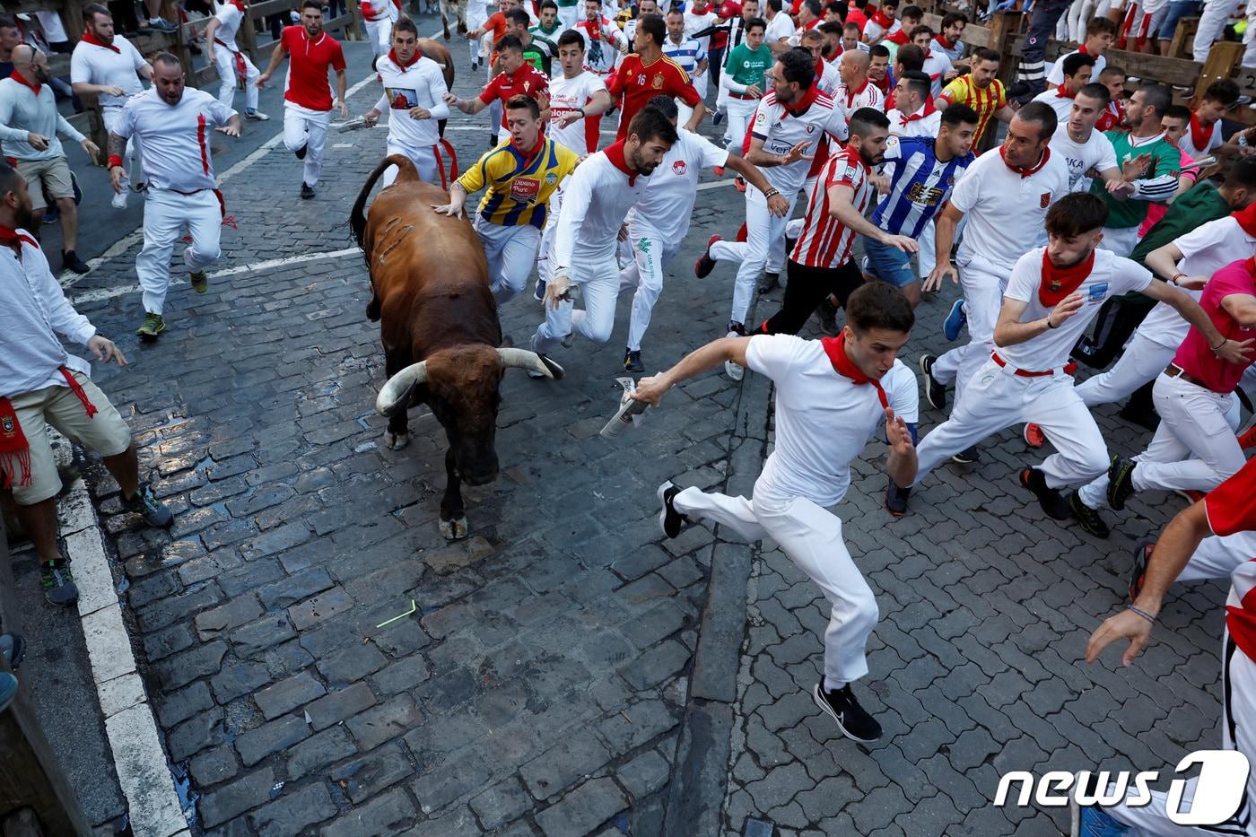 스페인 팜플로나시에서 11일(현지시간) 산 페르민 축제에서 '황소 몰이' 행사 참석자들이 질주하고 있다. 2022.07.11/뉴스1 ⓒ 로이터=뉴스1 ⓒ News1 김민수 기자