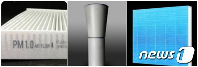 본문 이미지 - 케이앤케이가 생산하는 에어 필터 소재 제품. (왼쪽부터 차량용 캐빈필터, 가스터빈용 필터, 공기청정기용 항균 및 향바이러스 필터)