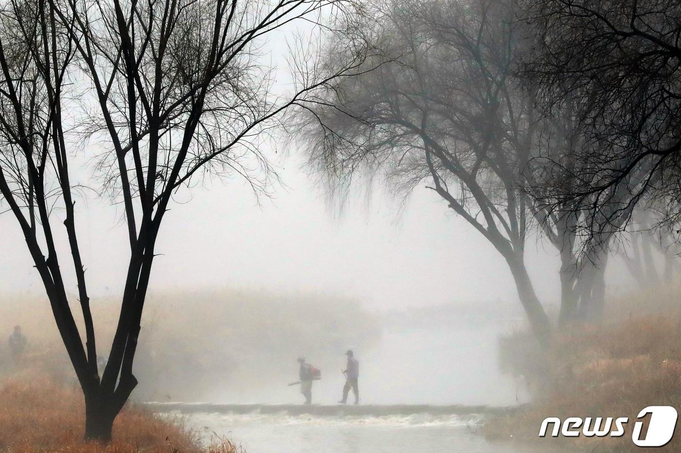 겨울비가 내리고 소강상태를 보인 13일 오후 서울 서초구 양재천에 안개가 짙게 끼어있다. 2023.1.13/뉴스1 ⓒ News1 황기선 기자