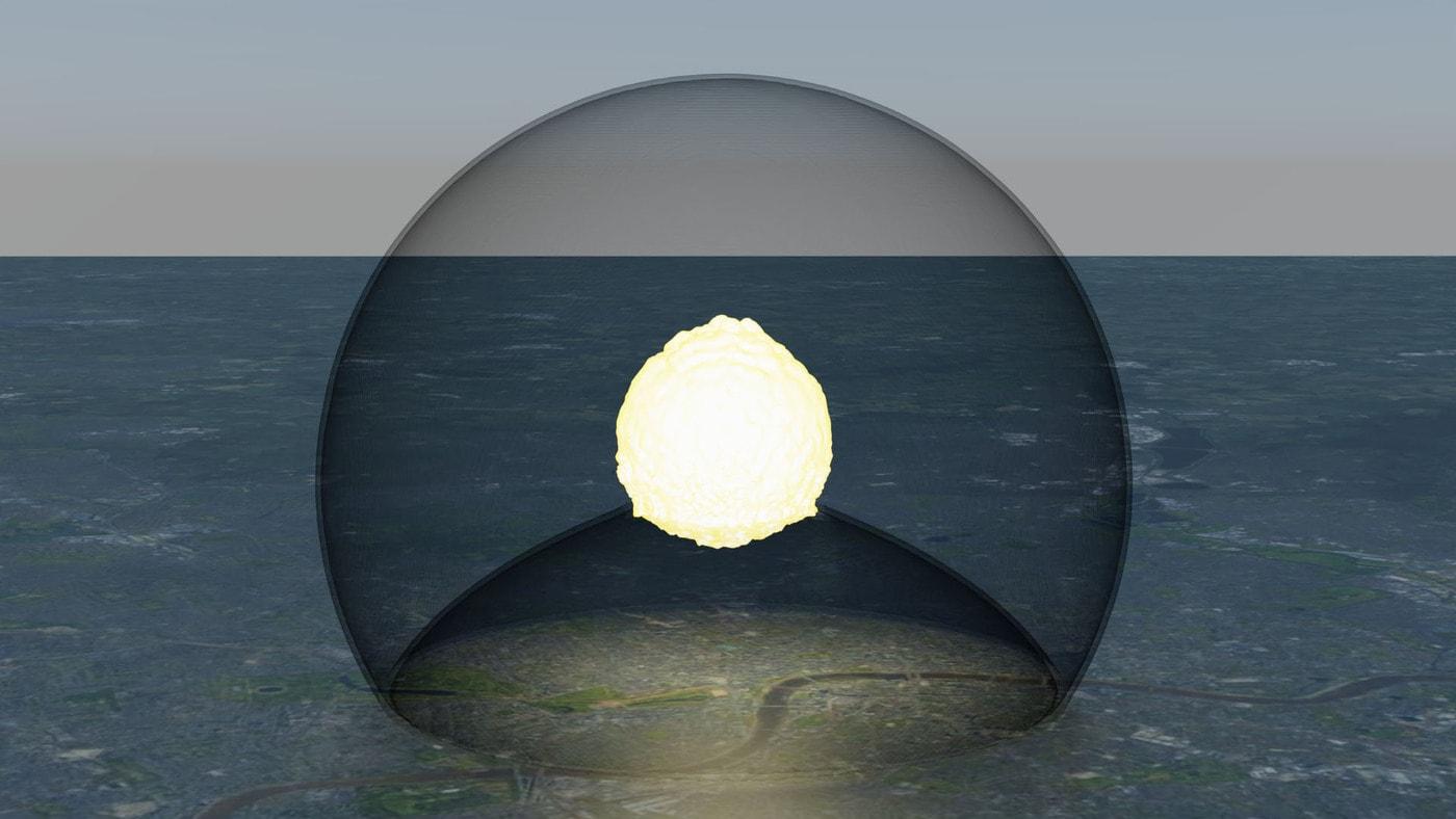 대도시 상공에서 750kT 규모의 핵탄두가 폭발한 결과에 대한 시뮬레이션 그림. 그림은 폭발 10초 후의 폭발 충격파. (CREDIT: I. Kokkinakis and D. Drikakis, University of Nicosia, Cyprus) 2023.01.17 /뉴스1