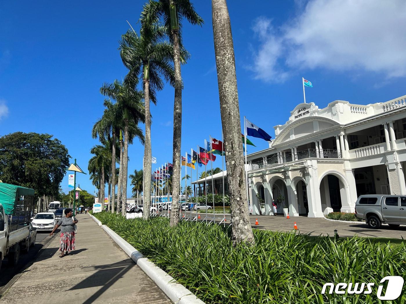 본문 이미지 - 피지 수바 소재 그랜드태평양 호텔에서 열린 태평양제도포럼(PIF) 현장 2022.07.11 ⓒ 로이터=뉴스1 ⓒ News1 정윤미 기자