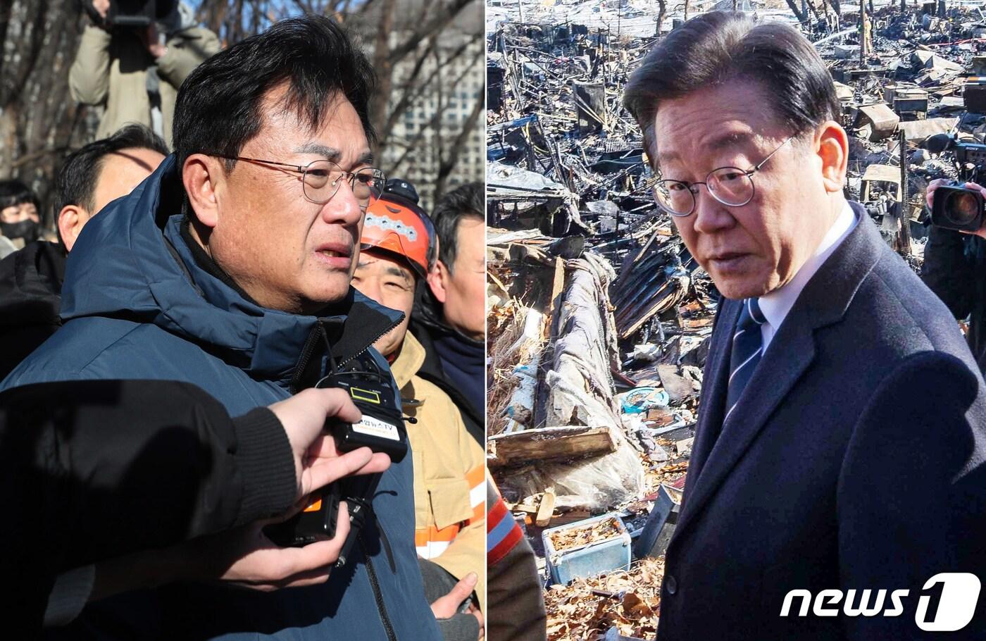 본문 이미지 - 정진석 국민의힘 비상대책위원장과 이재명 더불어민주당 대표가 각각 20일 오전 화재가 발생한 서울 강남구 구룡마을을 찾아 피해 상황을 살펴보고 있다. (공동취재) 2023.1.20/뉴스1ⓒ News1 