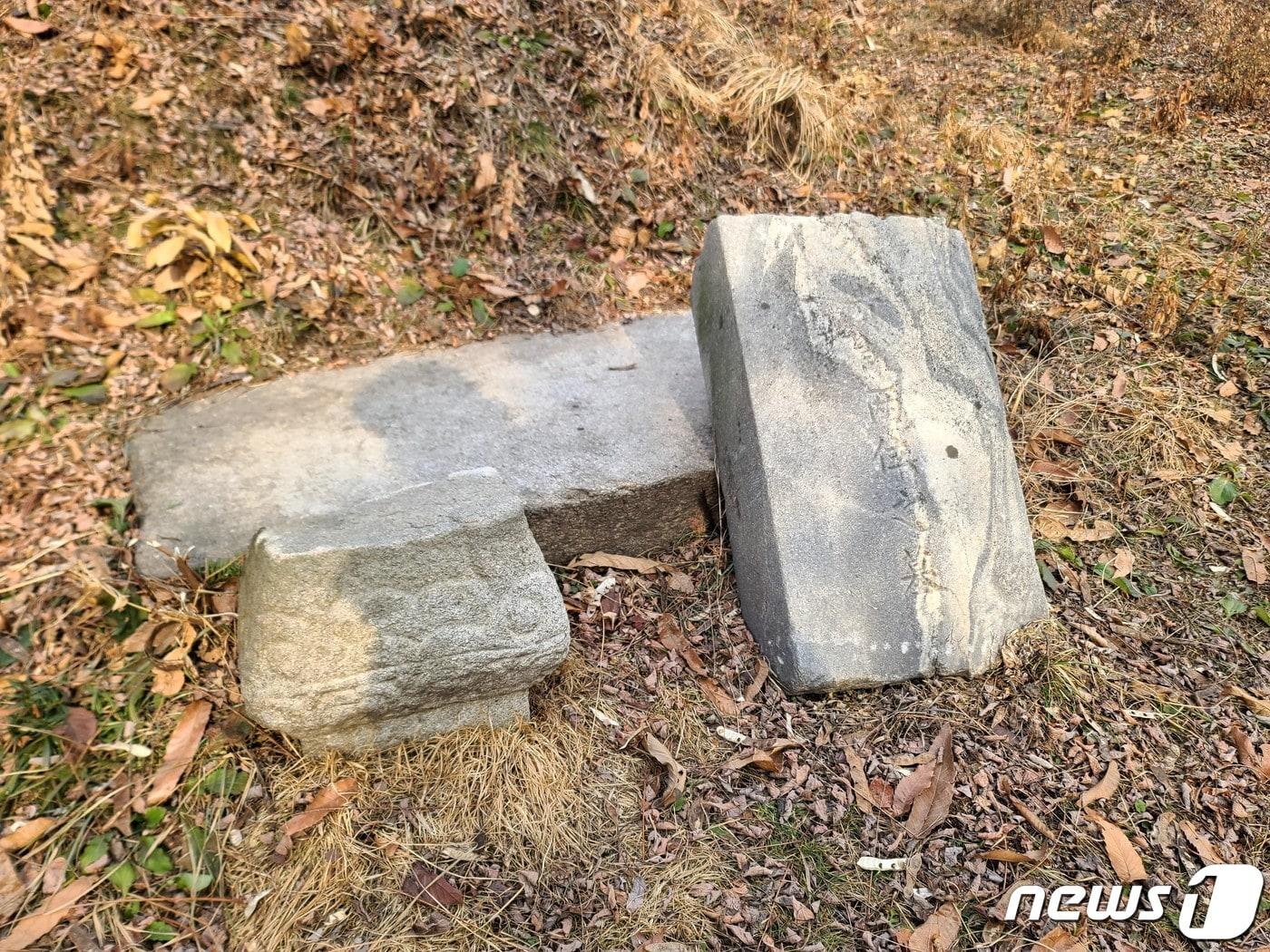 본문 이미지 - 2023년 1월19일 초안산 분묘군. 석물이 잘린채 방치된 모습 ⓒ News1 조현기 기자