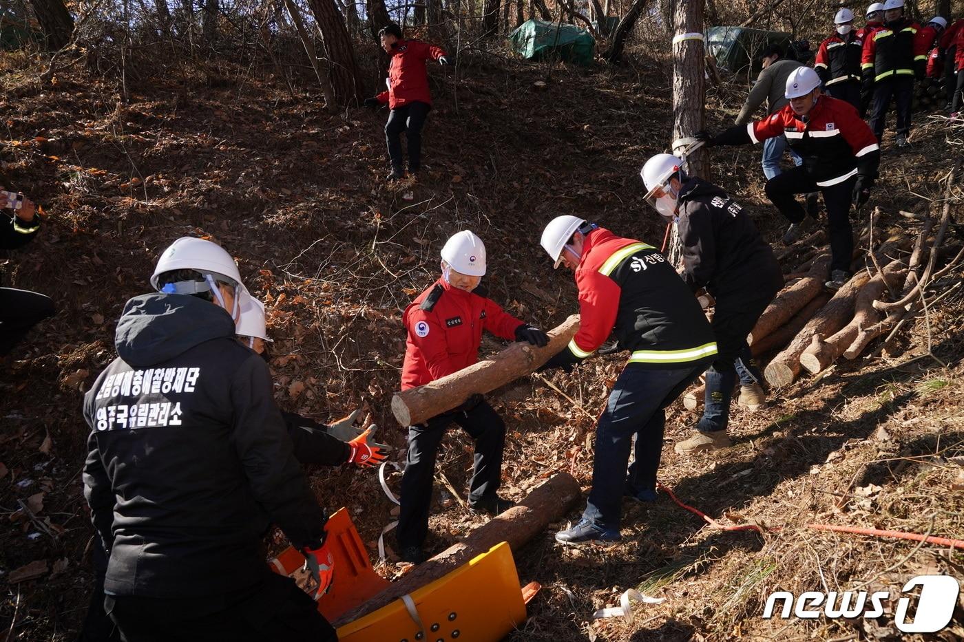 남성현 산림청장이 3일 경북 안동시 임동면 소나무재선충병 피해지에서 열린 &#39;산림재난 총력대응 결의대회 및 2023년 시무식&#39;에서 참석자들과 소나무재선충병 피해목 파쇄를 위해 고사목을 옮기고 있다. &#40;산림청 제공&#41; 2023.1.3/뉴스1