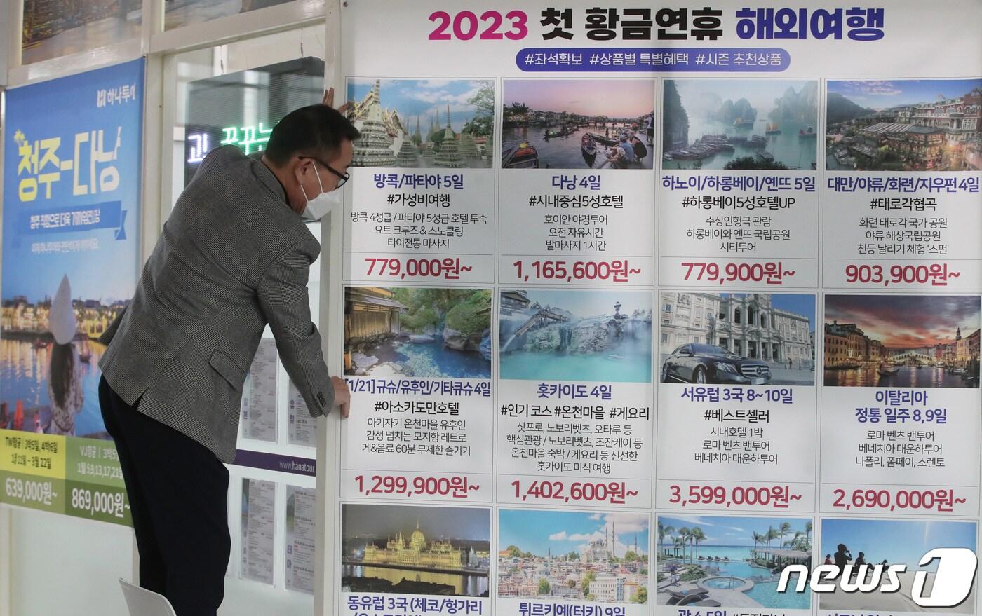 코로나19 방역 규제 완화로 해외여행 수요가 증가하고 있는 5일 대전 서구 하나투어 대전시청점 제이투어에서 유재의 대표가 여행상품 현수막을 붙이고 있다. 2023.1.5/뉴스1 ⓒ News1 김기태 기자