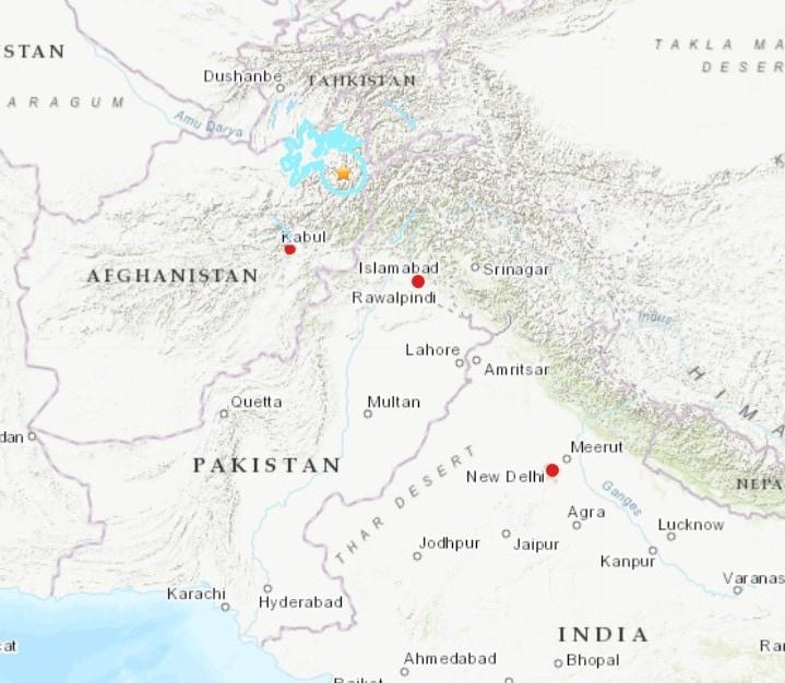 본문 이미지 - 독일 지구과학연구센터&#40;GFZ&#41;에 따르면 5일&#40;현지시간&#41; 아프가니스탄 힌두쿠시 산맥 인근에서 규모 5.8 지진이 발생했다. &#40;미국 지질조사국 화면 갈무리&#41; 2023.01.05