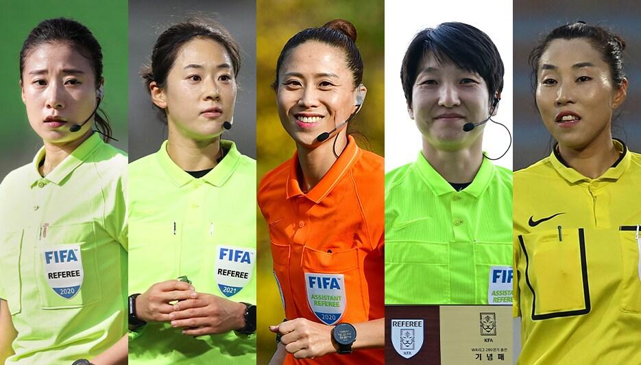 본문 이미지 - 2023 국제축구연맹(FIFA) 호주·뉴질랜드 여자 월드컵에 참가하는 오현정, 김유정, 김경민, 이슬기, 박미숙 심판(완쪽부터). (대한축구협회 제공)