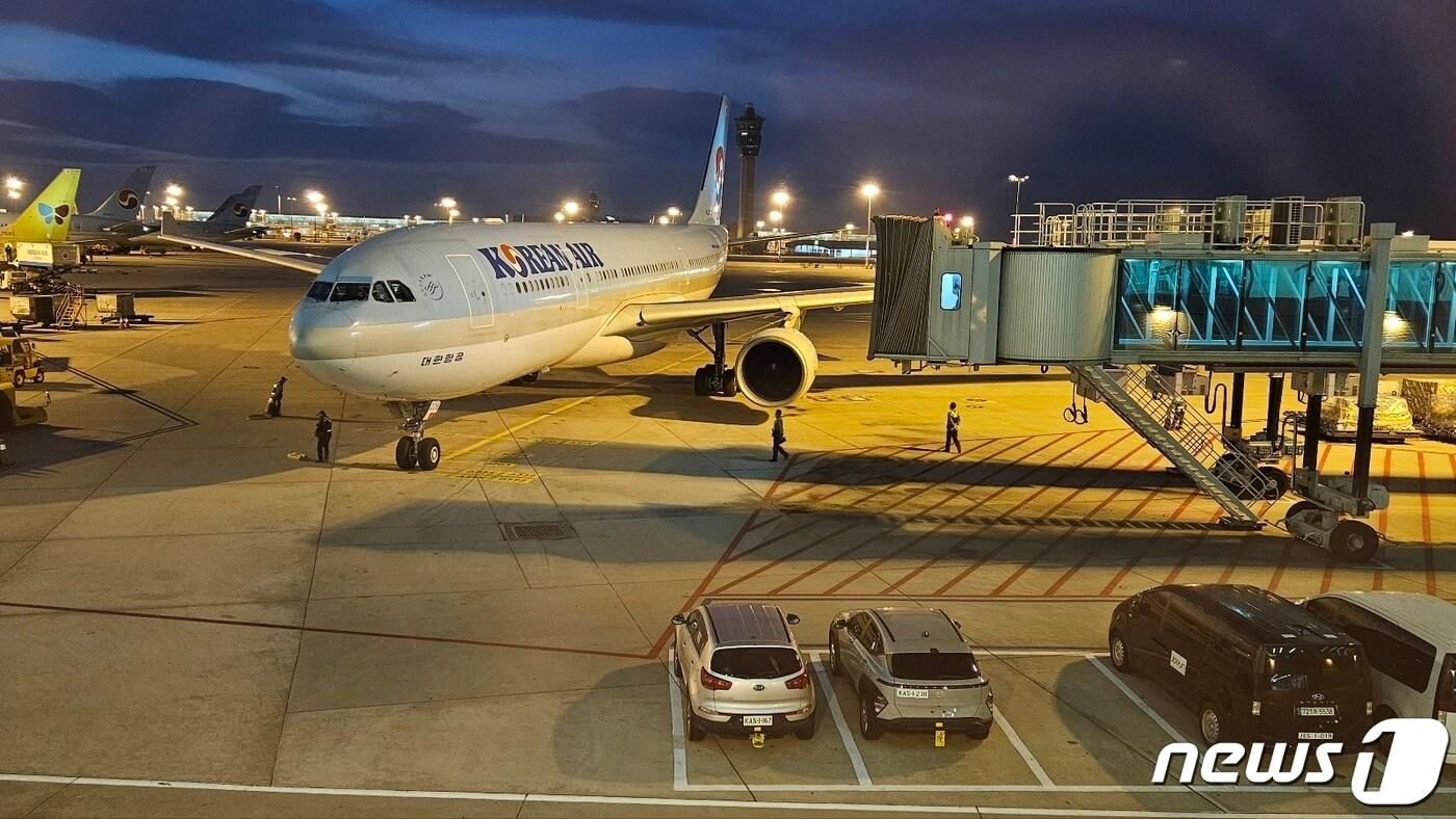 팔레스타인 무장정파 하마스의 공격을 받은 이스라엘에 체류했던 우리 국민들을 태운 대한항공 여객기가 11일 인천국제공항 2터미널에 도착했다. / 뉴스1