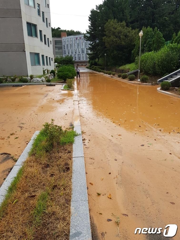 본문 이미지 - 지난 7월 호우 경보 발령 당시 창원 대상공원 공사현장에서 흘러나온 토사가 창원 폴리텍 대학 부지 안으로 유출됐다.(창원폴리텍 대학 제공)