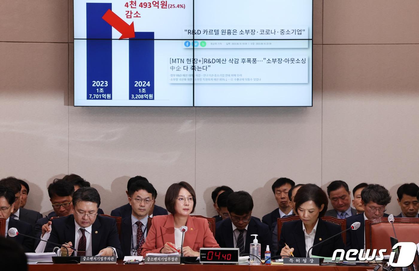 본문 이미지 - 이영 중소벤처기업부 장관이 12일 서울 여의도 국회에서 열린 산업통상자원위원회의 중기부 등에 대한 국정감사에서 장일영 더불어민주당 의원의 '중소기업 R&D 예산' 관련 질의를 경청하고 있다. 2023.10.12/뉴스1 ⓒ News1 황기선 기자