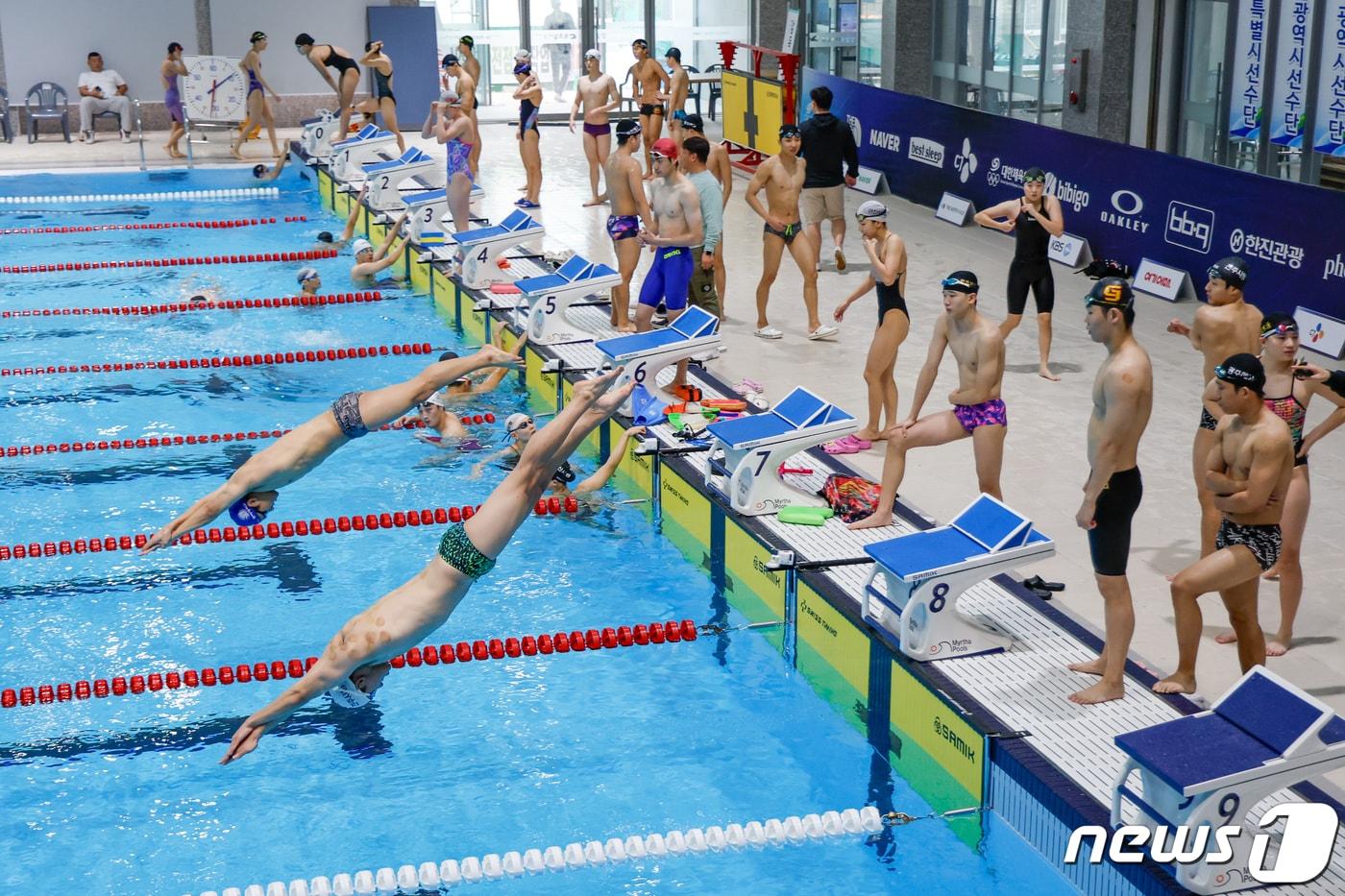 제104회 전국체육대회 개막일인 13일 전남 목포시 대양로 목포실내수영장에서 선수들이 훈련에 매진하고 있다. 2023.10.13/뉴스1 ⓒ News1 안은나 기자