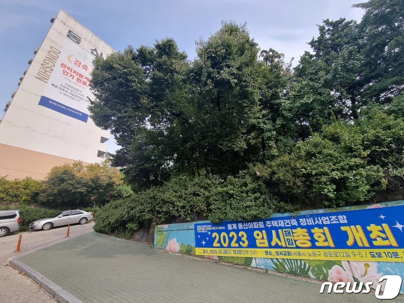 본문 이미지 - 재건축을 추진 중인 서울 노원구 월계동 동신아파트 단지에 관리처분계획인가(9월)를 축하하는 현수막과 조합장 해임 총회(10월) 개최를 알리는 현수막이 동시에 걸려 있다. 2023. 10. 13. 뉴스1/