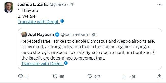 본문 이미지 - 15일(현지시간) 조슈아 자르카 이스라엘 외무부 전략실장은 이란이 시리아에 무기를 배치해 새로운 전선을 열려고 시도하는 중이라고 주장했다. 2023.10.15/ (자르카 X 갈무리)