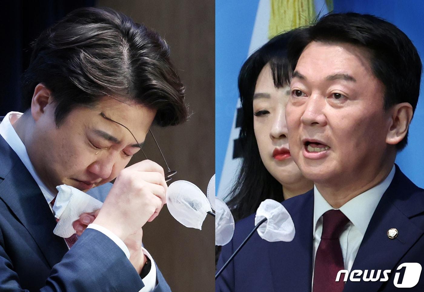 본문 이미지 - 16일 서울 여의도 국회 소통관에서 국민의힘 이준석 전 대표와 안철수 의원이 각각 기자회견을 하고 있다. 2023.10.16/뉴스1 ⓒ News1 송원영 기자