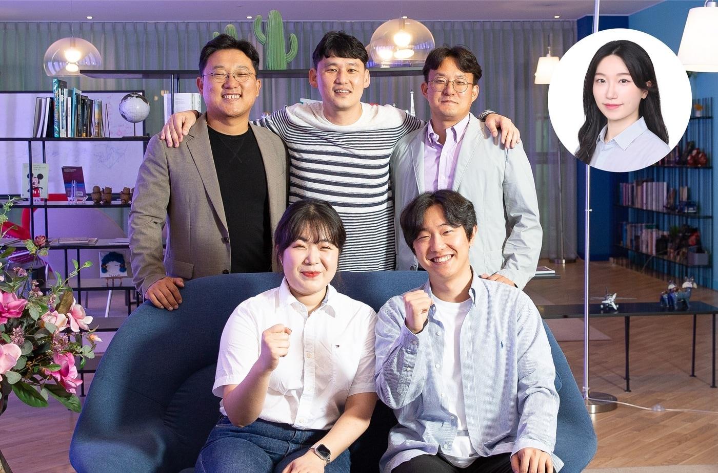 본문 이미지 - 유니스트 에너지화학공학과 송현곤(윗줄 왼쪽 두 번째) 교수, 제 1저자 김믿음(원형 사진) 연구원, 제 1저자 정지홍(아랫줄 오른쪽 첫 번째) 연구원.(유니스트 제공)