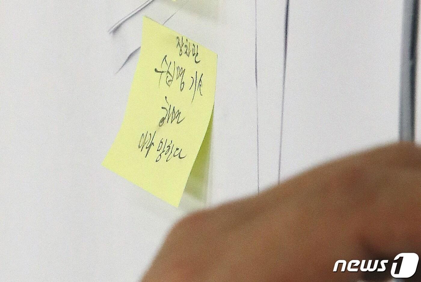 본문 이미지 - 19일 서울 여의도 국회에서 열린 법제사법위원회 공수처에 대한 국정감사에서 김진욱 고위공직자범죄수사처장 자리에 '장차관 수십명 기소하면 나라 망한다'가 적힌 메모가 놓여 있다. 2023.10.19/뉴스1 ⓒ News1 임세영 기자