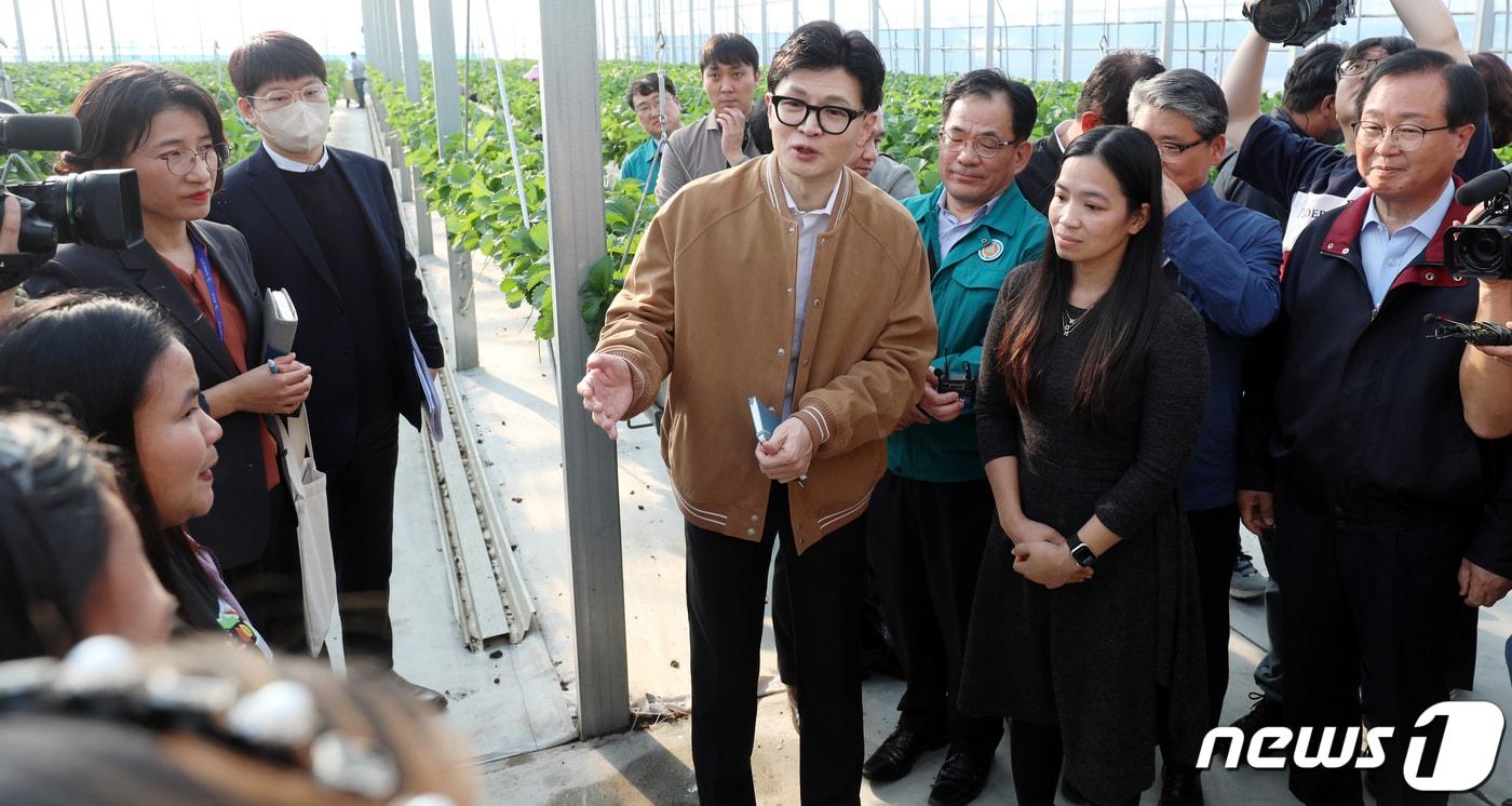본문 이미지 - 한동훈 법무부 장관이 30일 전북 완주군 삼례읍 한 농가를 찾아 외국인 계절근로자들과 대화를 나누고 있다. 2023.10.30/뉴스1 ⓒ News1 유경석 기자