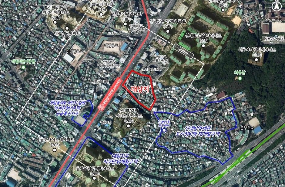 본문 이미지 - 대림삼거리역(신대방동 588-7 일대) 역세권 활성화사업 대상지 위치도(동작구 제공)