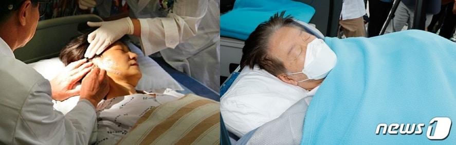본문 이미지 -  2006년 5월 20일 서울신촌 유세장에서 커터칼 피습을 당한 박근혜 한나라당 대표가 수술받는 모습(왼쪽·국민의힘 제공)과 지난 9월 18일 단식 19일째를 맞은 이재명 더불어민주당 대표가 녹색병원으로 이송되는 장면.  ⓒ 뉴스1 DB