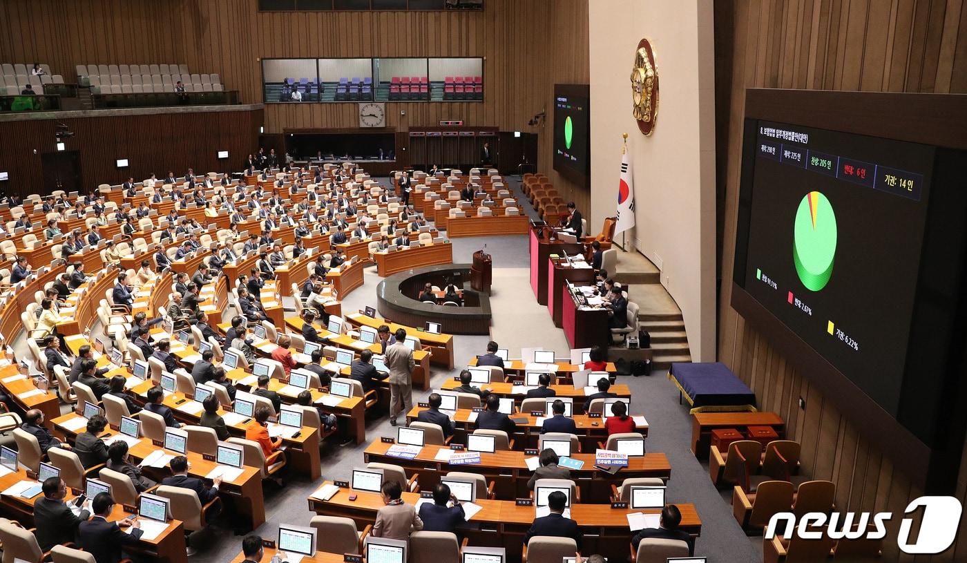 본문 이미지 - 6일 오후 서울 여의도 국회에서 열린 제410회 국회(정기회) 제9차 본회의에서 실손의료보험 청구를 간소화하는 보험업법 일부개정법률안이 가결되고 있다. 2023.10.6/뉴스1 ⓒ News1 임세영 기자