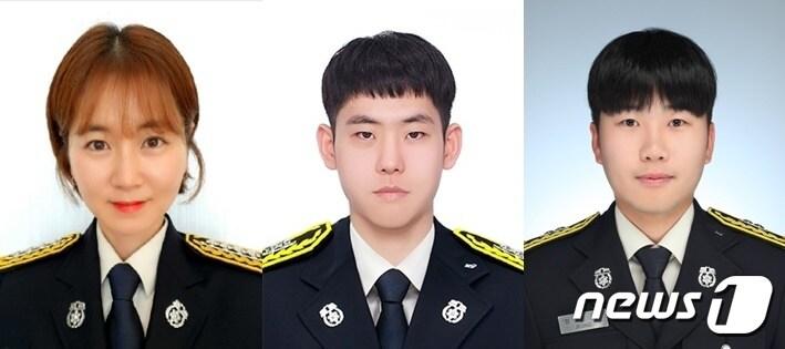 본문 이미지 - 급성심정지 30대 남성의 생명을 구해낸 괴산소방서 청안지역대 구급대원. 왼쪽부터 이지나 소방장, 김성광 소방교, 정경환 소방교.(괴산소방서 제공).2023.10.06./뉴스1