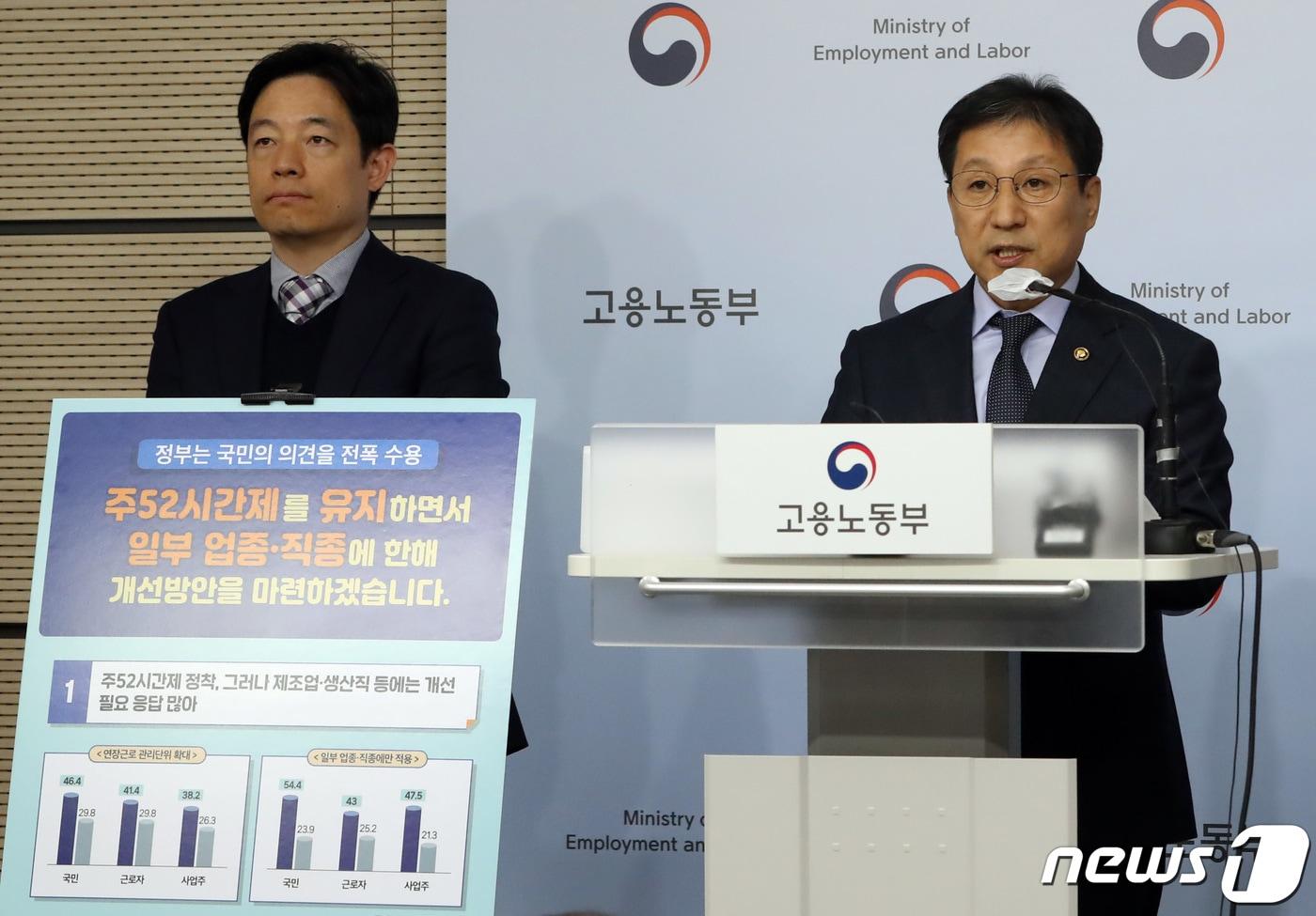 본문 이미지 - 이성희 고용노동부 차관(오른쪽)이 13일 오후 세종시 정부세종청사에서 근로시간 관련 대국민 설문조사 결과 및 향후 정책 추진방향을 발표하고 있다. 2023.11.13/뉴스1 ⓒ News1 김기남 기자