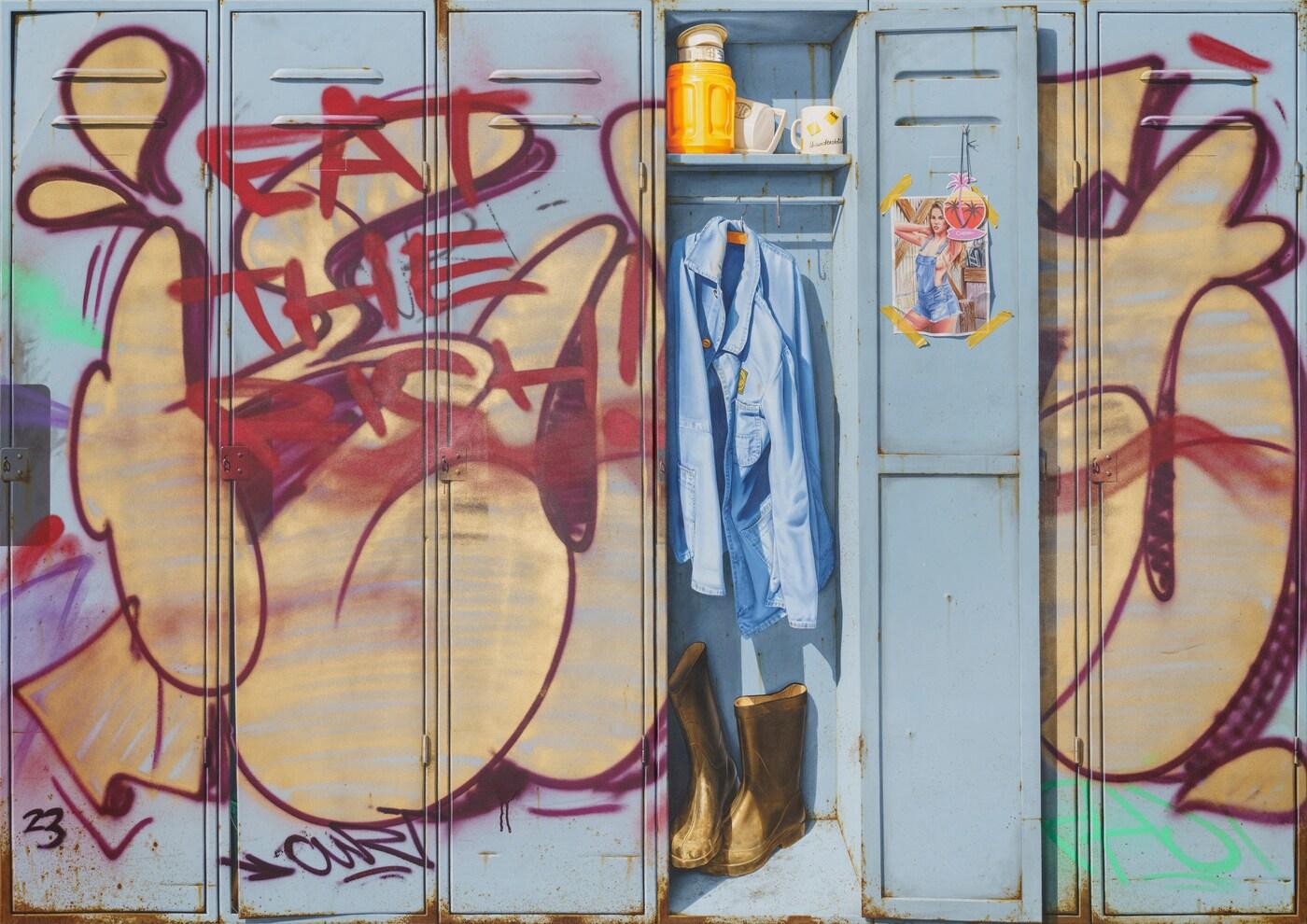 스테판 비르헤네더, Spinde EAT THE RICH Collab CURT_Oel_Acryl_Spraypaint auf Leinwand_240x170cm_2023_02. 헤드비갤러리 제공.