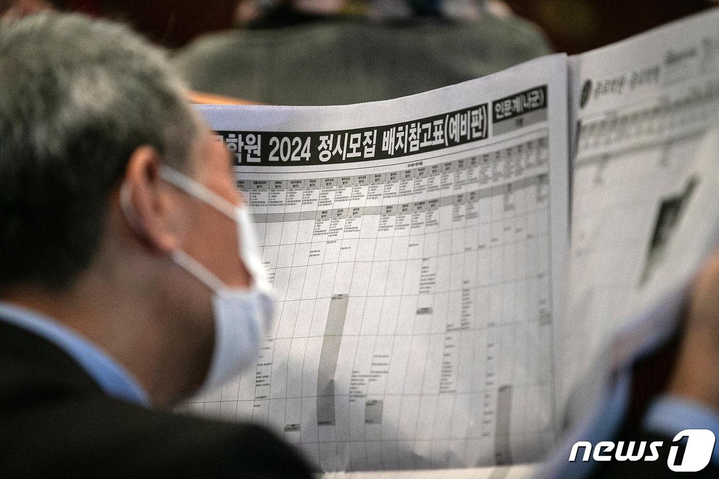 본문 이미지 - 17일 오후 서울 광진구 세종대학교에서 열린 종로학원 2024 수능 결과 및 정시합격점수 예측 설명회에 참석한 학부모들이 정시모집 배치 참고표를 살펴보고 있다. 2023.11.17/뉴스1 ⓒ News1 이승배 기자
